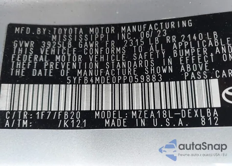 2023 Toyota Corolla Le z USA, uszkodzony, nr VIN 5YFB4MDE0PP059883